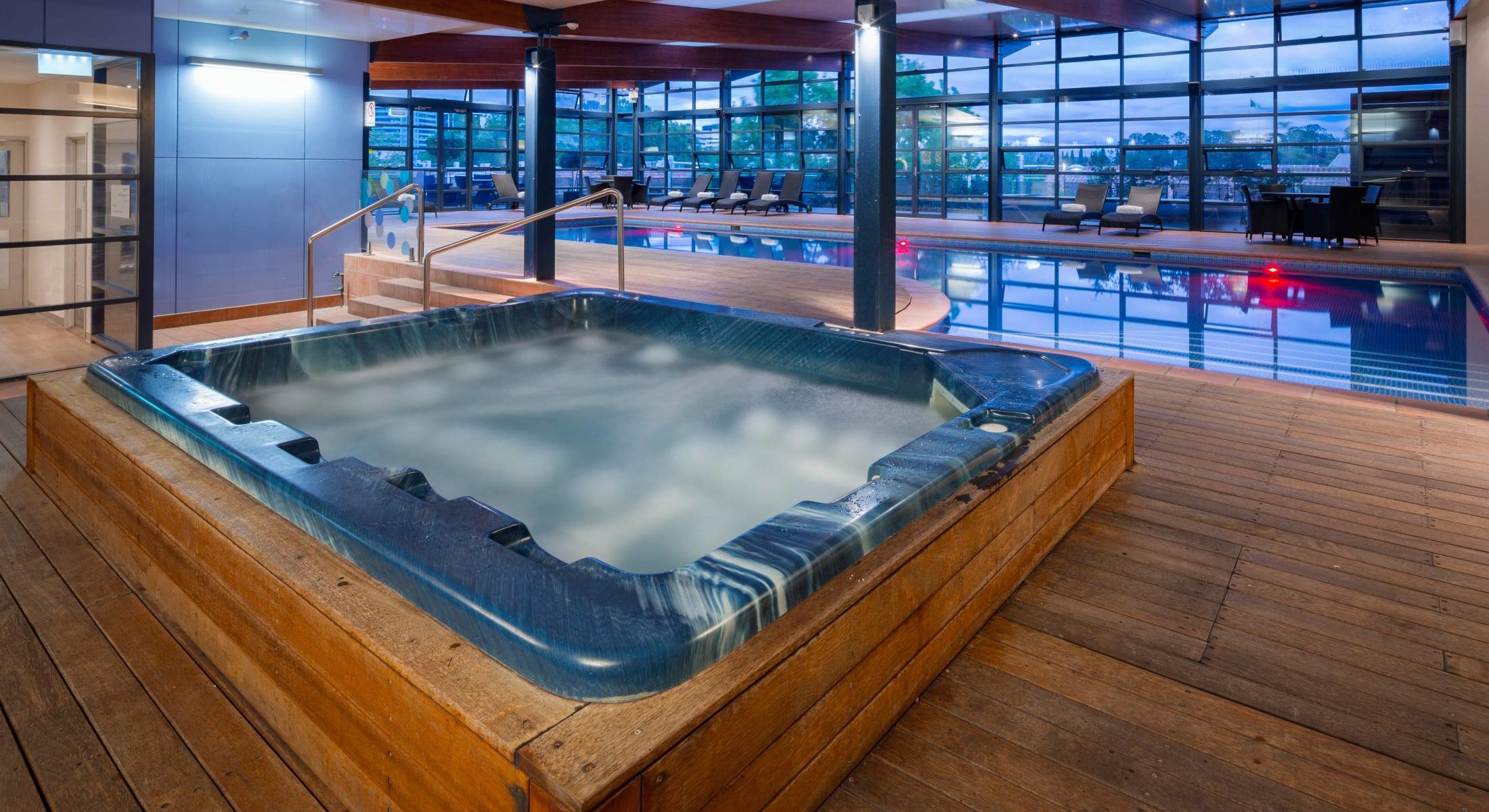Families and couples will enjoy the indoor spa and heated pool