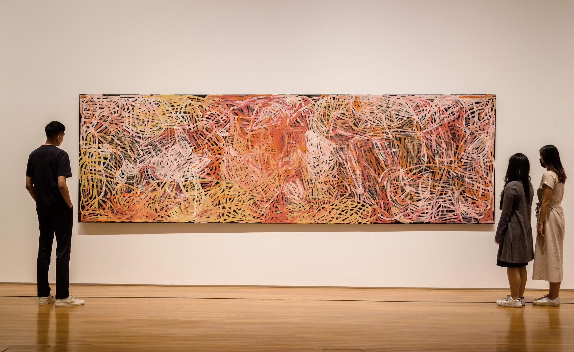 Emily Kam Kngwarray, Anmatyerr people, Yam awely, 1995, installation view, Ever Present_ First Peoples Art of Australia, National Gallery, Singapore, 2022, courtesy National Gallery, Singapore